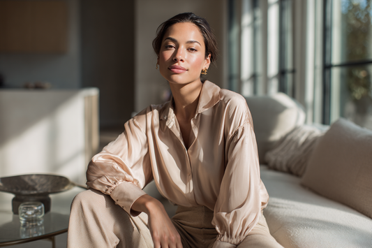 A modern woman in a calm home setting representing inner balance, feminine wellness, and daily intimate self-care