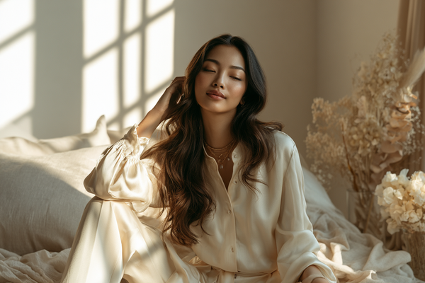 A modern woman in a refined calm setting representing women-specific wellness, intimate-care awareness, and steady daily support
