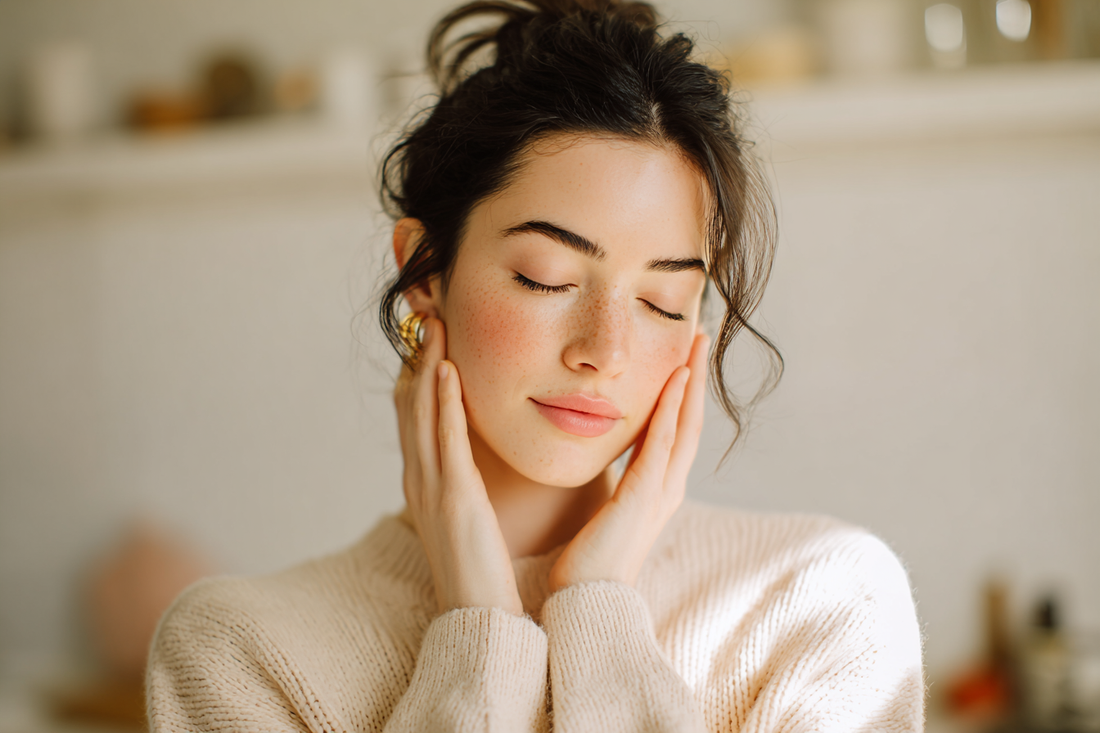 A modern woman in a bright and peaceful home environment practicing gentle self-care, representing women’s intimate wellness, daily routine, and internal balance
