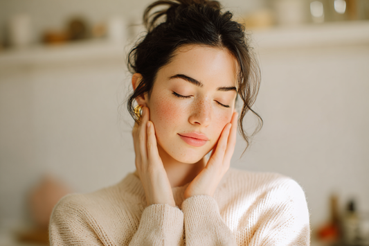 A modern woman in a bright and peaceful home environment practicing gentle self-care, representing women’s intimate wellness, daily routine, and internal balance