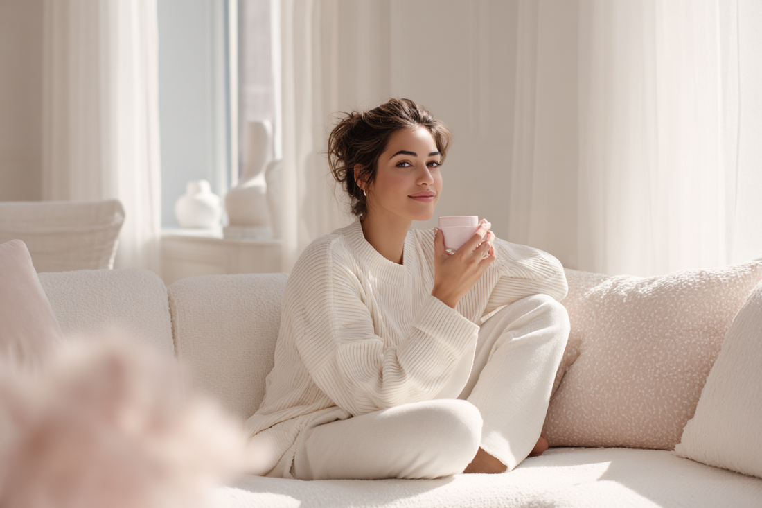 A modern woman in a bright and elegant home environment expressing calm confidence and daily feminine self-care, representing intimate wellness, internal balance, and routine support