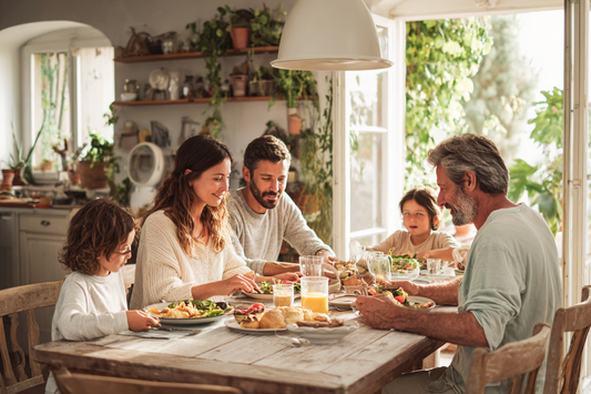 A modern family at home representing long-term daily nutrition planning, practical wellness management, and healthy support across generations