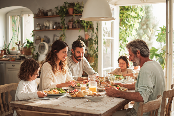 A modern family at home representing long-term daily nutrition planning, practical wellness management, and healthy support across generations