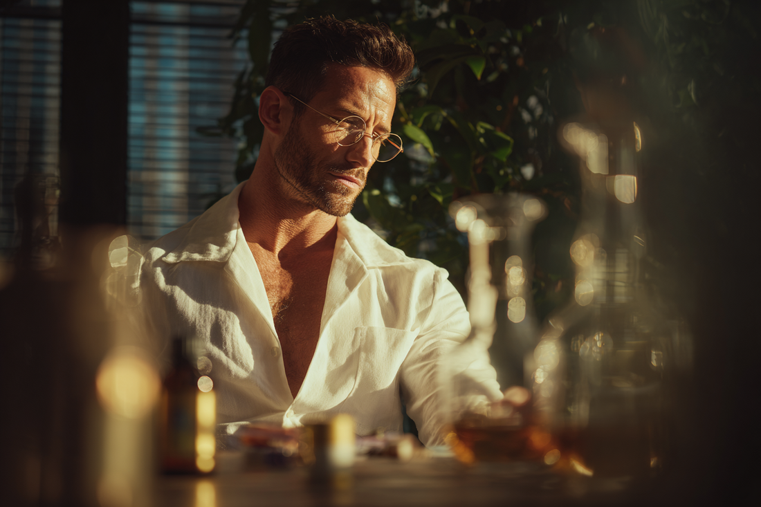 A premium men’s vitality editorial scene representing 50:1 concentrated maca extract, stamina, confidence, and refined supplement quality