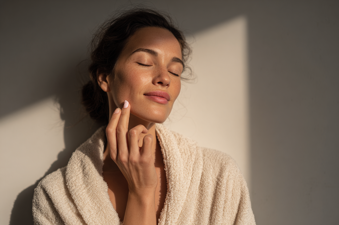 A modern woman maintaining a calm and sustainable self-care routine at home, representing consistency, feminine wellness, and daily balance