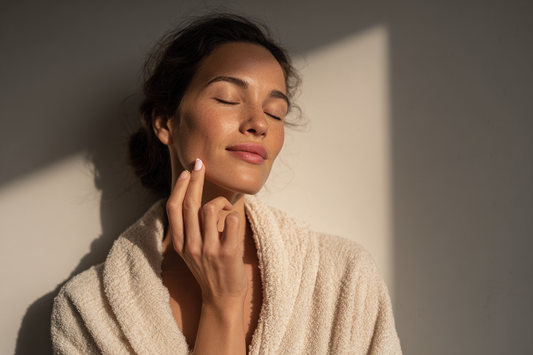 A modern woman maintaining a calm and sustainable self-care routine at home, representing consistency, feminine wellness, and daily balance
