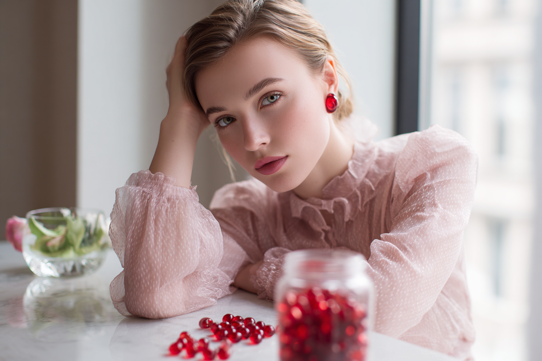 A modern woman in a fresh elegant lifestyle setting representing cranberry-inspired feminine wellness and routine daily care