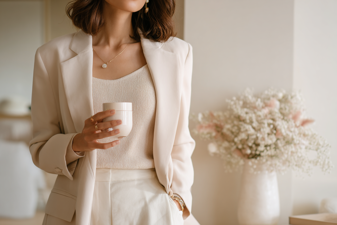 A calm modern woman in a refined home setting representing internal feminine balance, daily intimate care, and natural self-care awareness