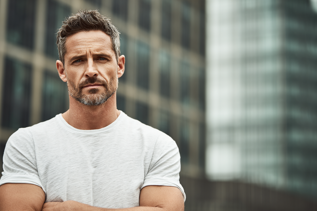 A confident modern man in a refined everyday setting representing steady vitality, stamina, self-discipline, and practical long-term men’s wellness support