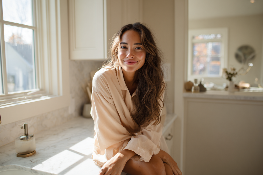 A modern woman in a calm elegant home setting representing sustainable feminine wellness, low-friction daily care, and realistic self-care habits