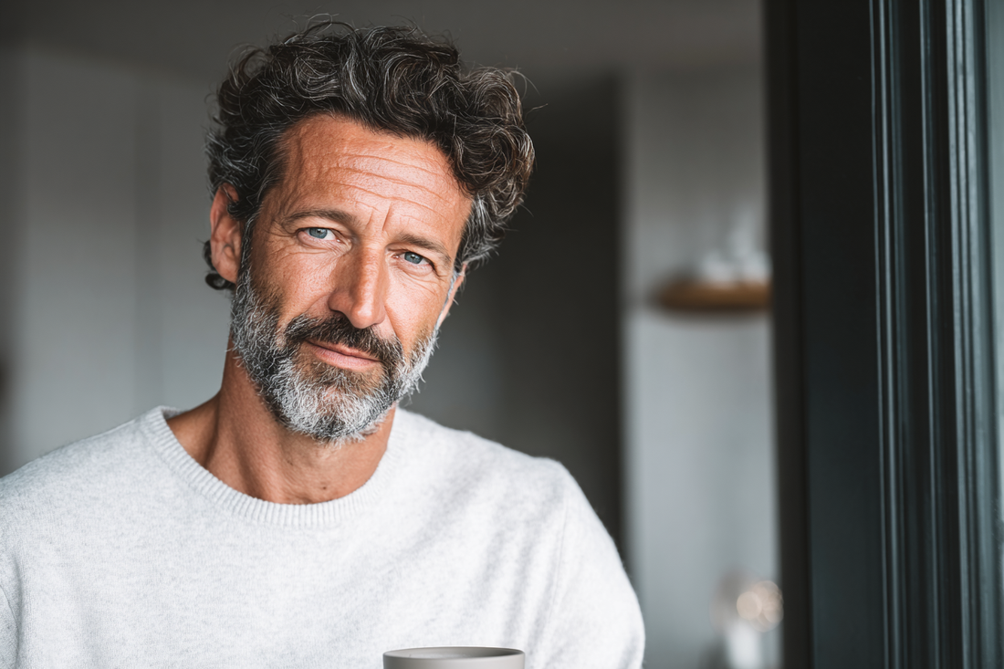 A mature man in a calm lifestyle setting reflecting proactive men’s wellness, daily comfort awareness, and long-term self-care