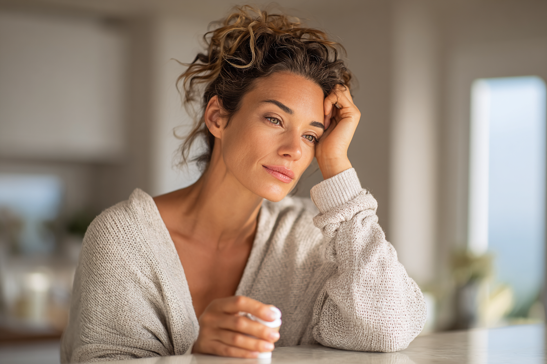 A modern woman reviewing a wellness label in a calm lifestyle setting that reflects informed feminine self-care and routine-based supplement choices