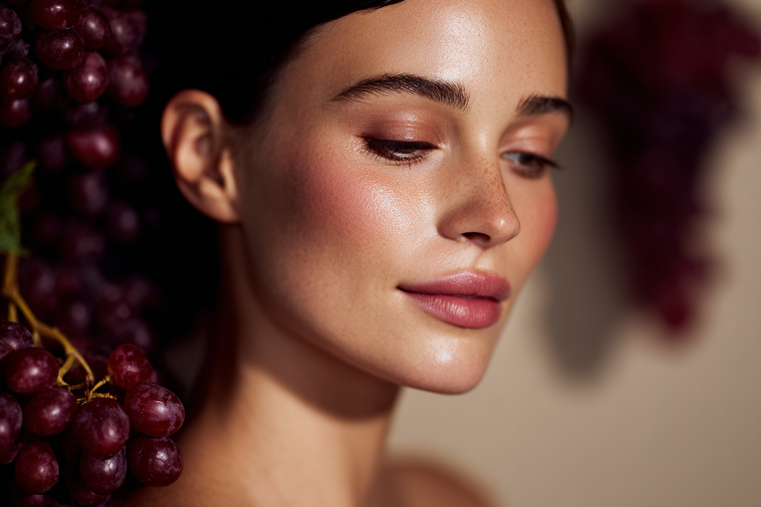 A graceful modern woman with radiant healthy-looking skin in an elegant lifestyle setting representing grape seed extract and antioxidant-oriented beauty wellness