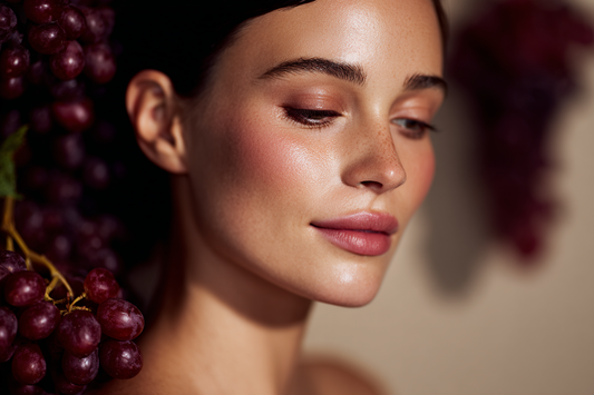 A graceful modern woman with radiant healthy-looking skin in an elegant lifestyle setting representing grape seed extract and antioxidant-oriented beauty wellness