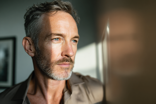 A composed middle-aged man in a home setting paying attention to long-term health management, representing mature men’s wellness, daily routine, and quality-of-life awareness