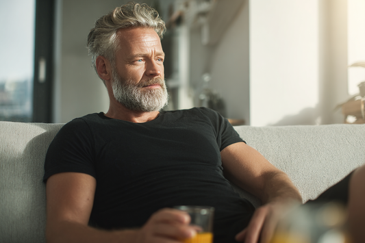 A mature man in a composed everyday setting representing male comfort management, routine convenience, and confident long-term wellness