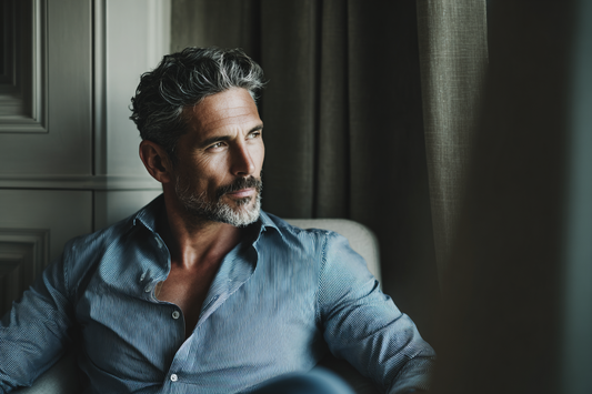 A mature man in a refined lifestyle setting representing calm, long-term prostate wellness support and daily male health management