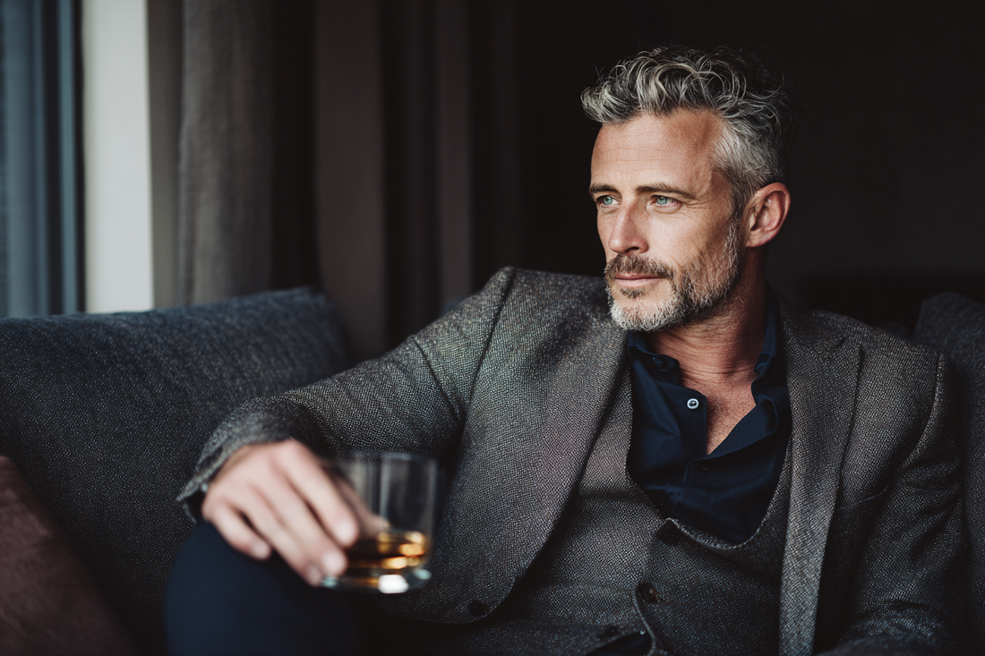 A mature modern man in a refined masculine setting representing familiar prostate wellness support and daily male self-care