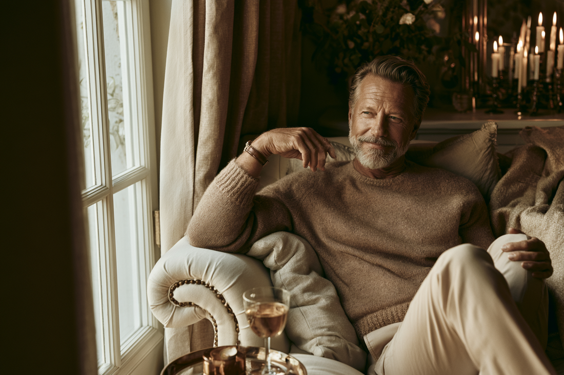 A mature man in a calm refined setting representing routine stability, daily comfort, and steady long-term men’s support