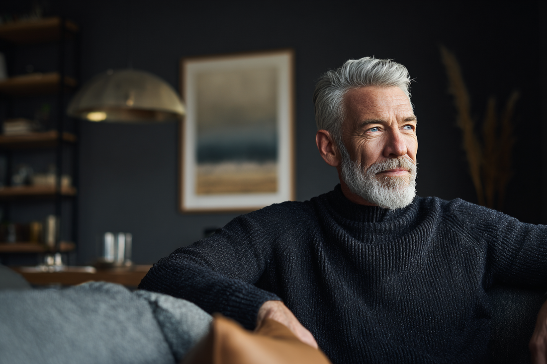 A mature man in a calm and refined home environment representing self-discipline, daily wellness habits, and long-term quality-of-life support for men