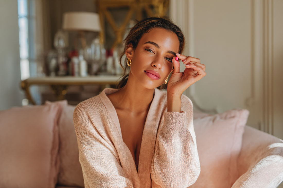 A modern woman comparing women’s wellness options with a calm and informed mindset in an elegant home setting