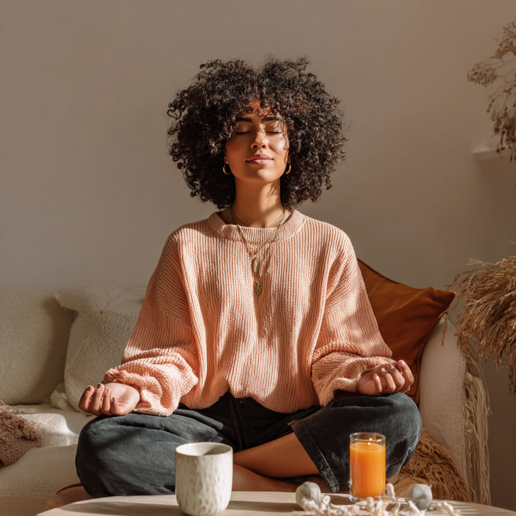 A confident modern woman in a bright calm setting representing balance, feminine microbiome awareness, and daily intimate wellness
