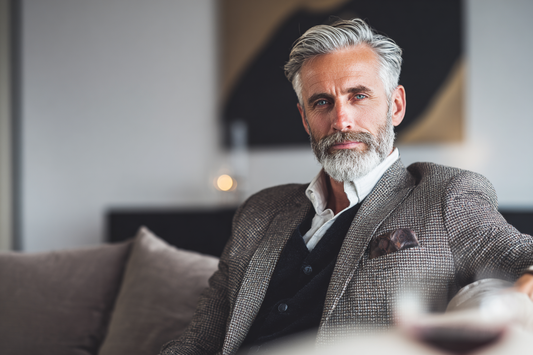 A mature man in a calm refined setting representing routine male wellness, steady confidence, and comfortable everyday living