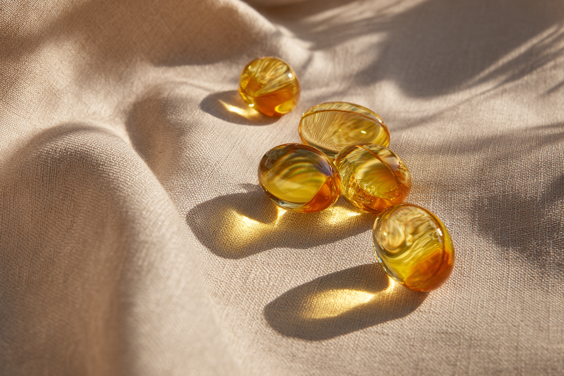 A refined omega-3 wellness scene representing thoughtful product design, clean sourcing, testing transparency, and premium fish oil quality
