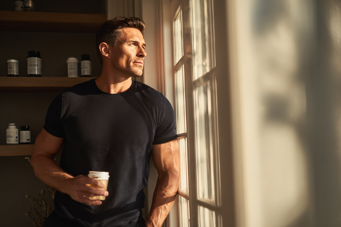 A modern man in a refined lifestyle setting expressing vitality, self-discipline, and awareness of long-term whole-state wellness support