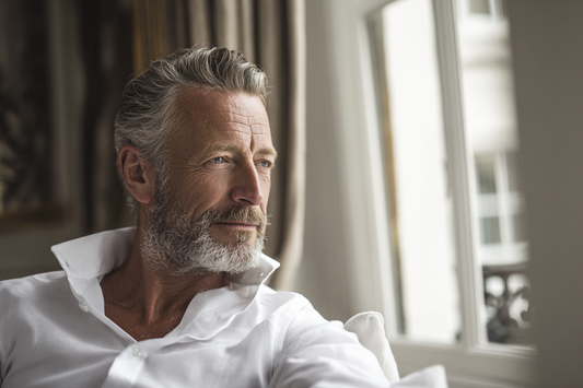 A mature man in a calm modern setting representing steady wellness habits, daily comfort, and long-term men’s health awareness