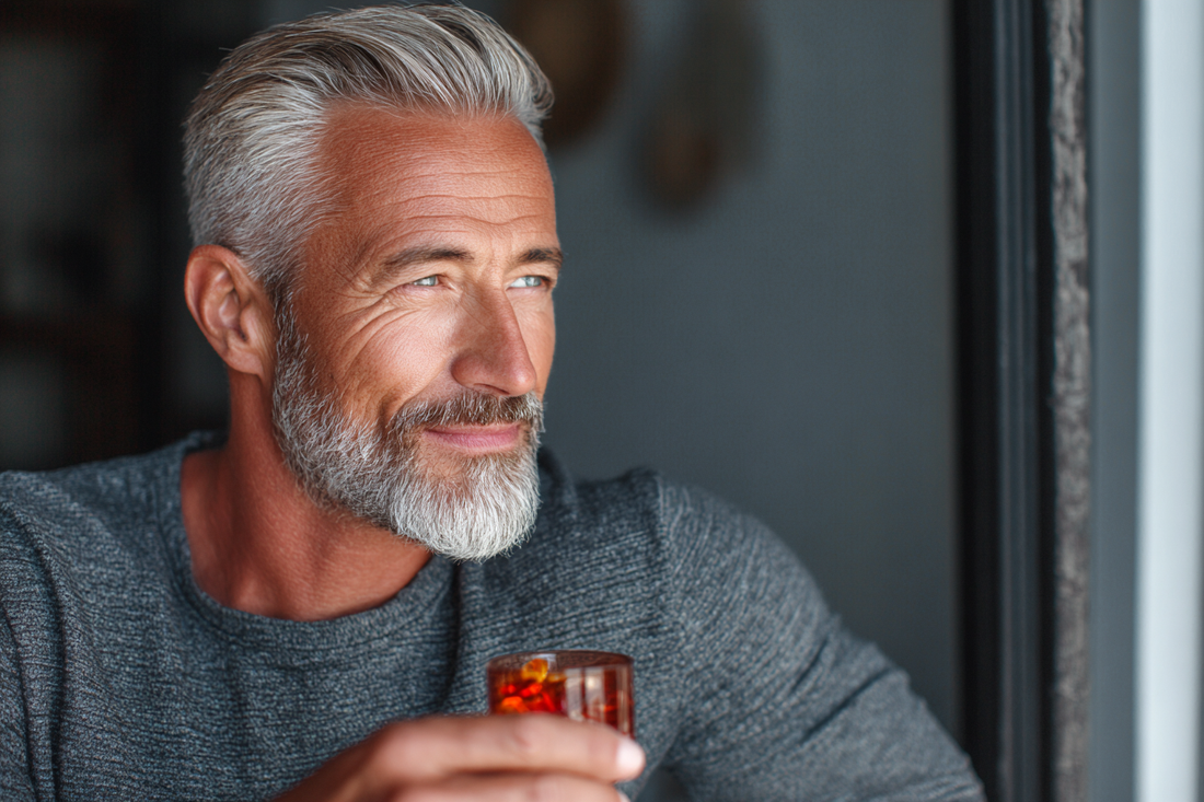 A healthy mature man in an elegant lifestyle setting representing long-term male wellness, antioxidant support, and balanced vitality