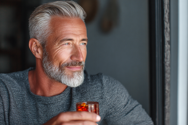 A healthy mature man in an elegant lifestyle setting representing long-term male wellness, antioxidant support, and balanced vitality