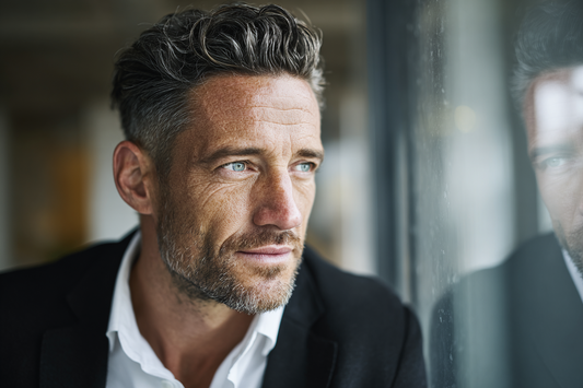 A modern man in a premium lifestyle setting representing layered men’s vitality support, structured self-care, and long-term energy management