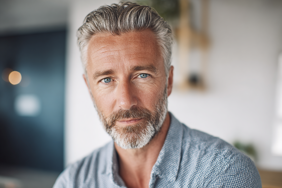 A mature man in a calm modern setting representing confident healthy aging, practical daily comfort, and stable men’s wellness habits