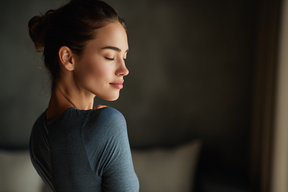 A refined modern woman in a calm lifestyle setting representing radiance, feminine comfort, internal support, and balanced daily self-care