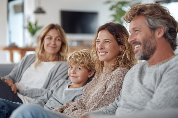 A family in a calm modern home environment representing shared daily wellness habits and structured health support across different ages