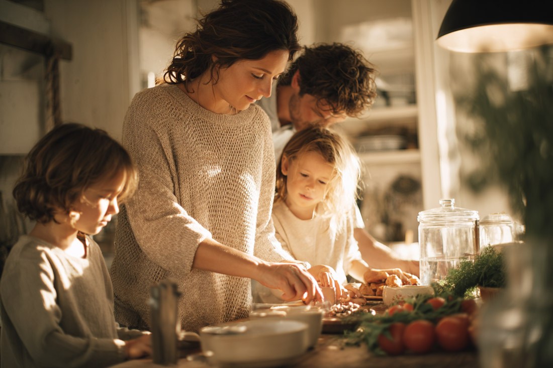 A busy family managing a healthy morning routine together in a modern home, representing realistic daily wellness habits