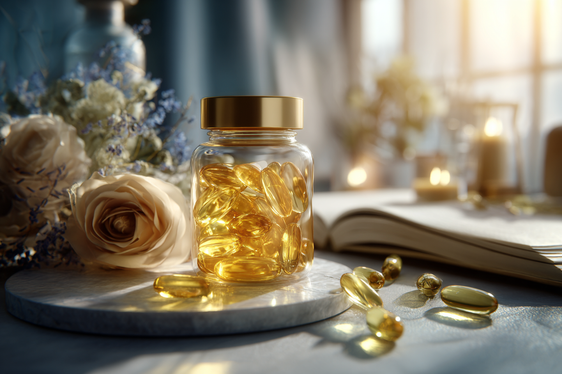 A refined premium wellness scene representing high-quality fish oil, daily nutritional care, freshness, purity, and long-term family-oriented supplement trust