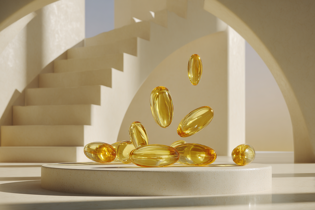A premium fish oil concept scene representing omega-3 quality architecture, structural design, transparency, and long-term supplementation