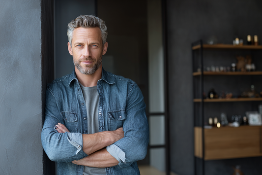 A confident man in a structured lifestyle setting representing layered vitality support, long-term energy management, and practical masculine self-care