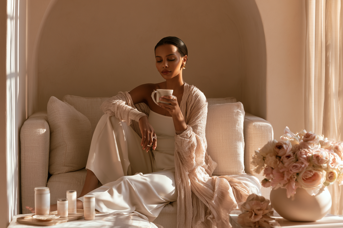 A modern woman in an elegant calm setting representing from-within beauty care, feminine comfort, and daily antioxidant wellness