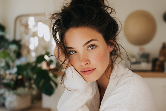 A modern woman in a soft elegant home environment representing practical feminine beauty care, inner balance, and everyday wellness