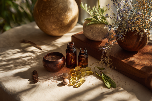 A refined men’s botanical wellness scene representing traditional plant extracts, vitality support, and quality-focused supplement selection