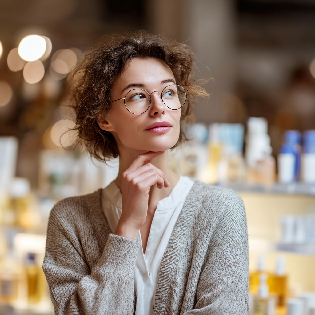 A modern woman thoughtfully comparing wellness choices in a refined setting, representing informed feminine care and product selection