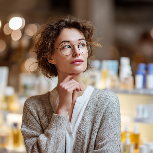 A modern woman thoughtfully comparing wellness choices in a refined setting, representing informed feminine care and product selection