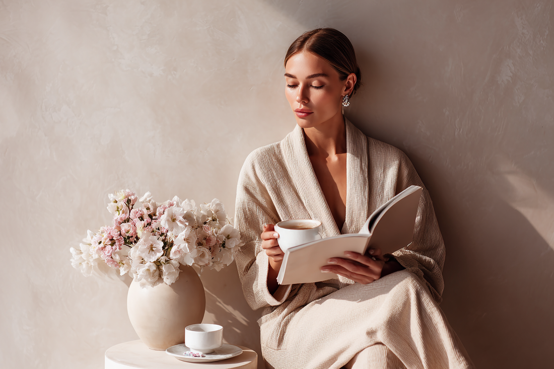 A modern woman reading women’s wellness information carefully in a calm refined environment, representing clear and responsible self-care communication
