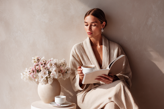 A modern woman reading women’s wellness information carefully in a calm refined environment, representing clear and responsible self-care communication