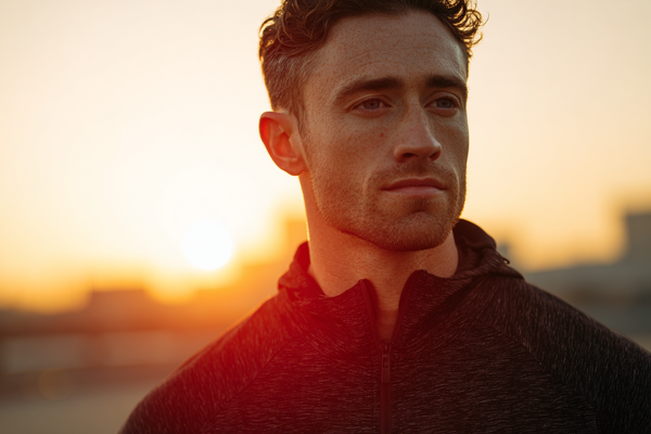 A confident modern man in an active premium lifestyle setting representing vitality, circulation-related wellness, and daily performance support