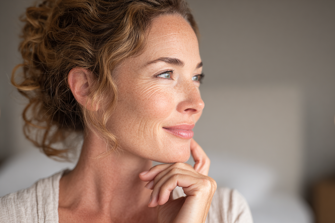 A modern woman in a calm refined setting reflecting thoughtful women’s probiotic selection, routine wellness, feminine balance, and daily intimate-care awareness