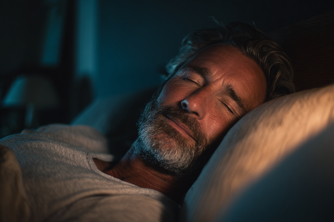 A mature man in a peaceful evening home setting representing nighttime comfort, rest quality, and stable daily wellness